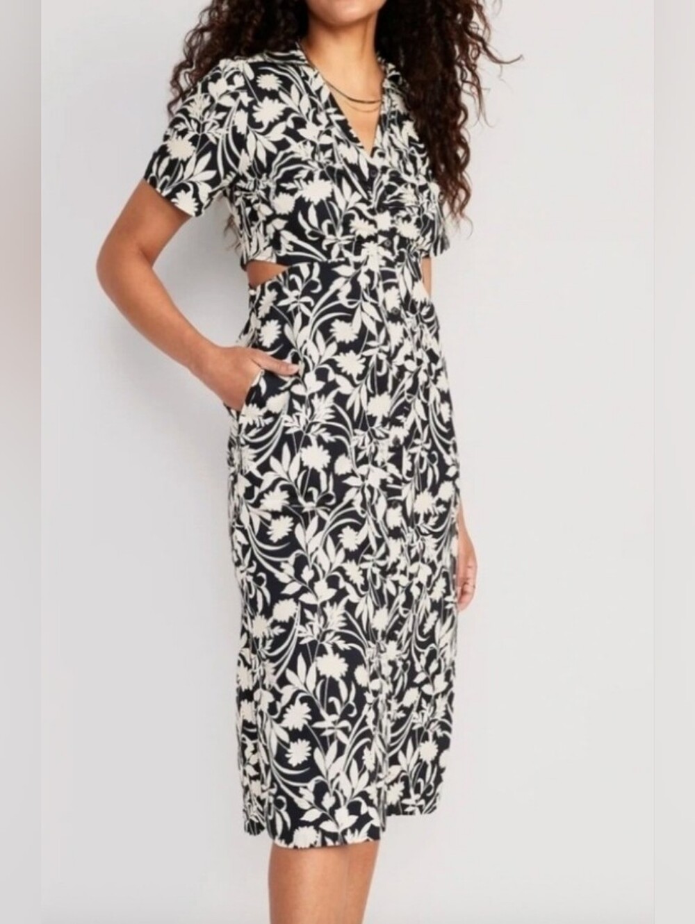 NWT OLD NAVY Cutout Midi Shirt Dress Navy with White Floral Print Size XL
